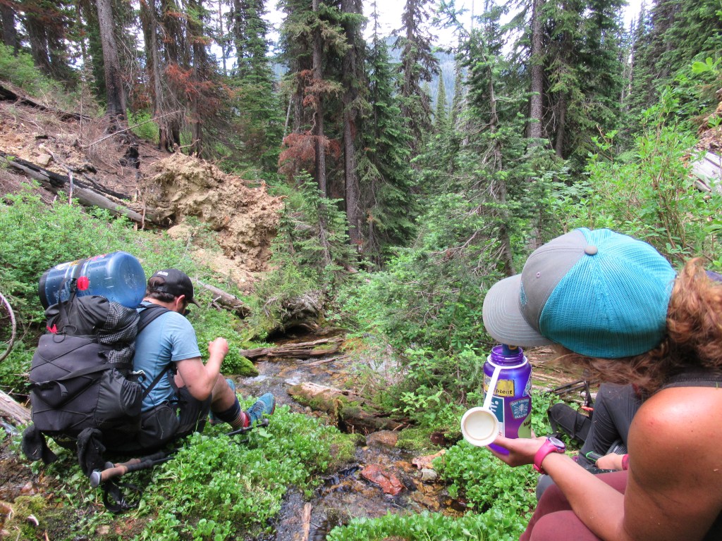 Two backpackers purifying water from a mountain stream.