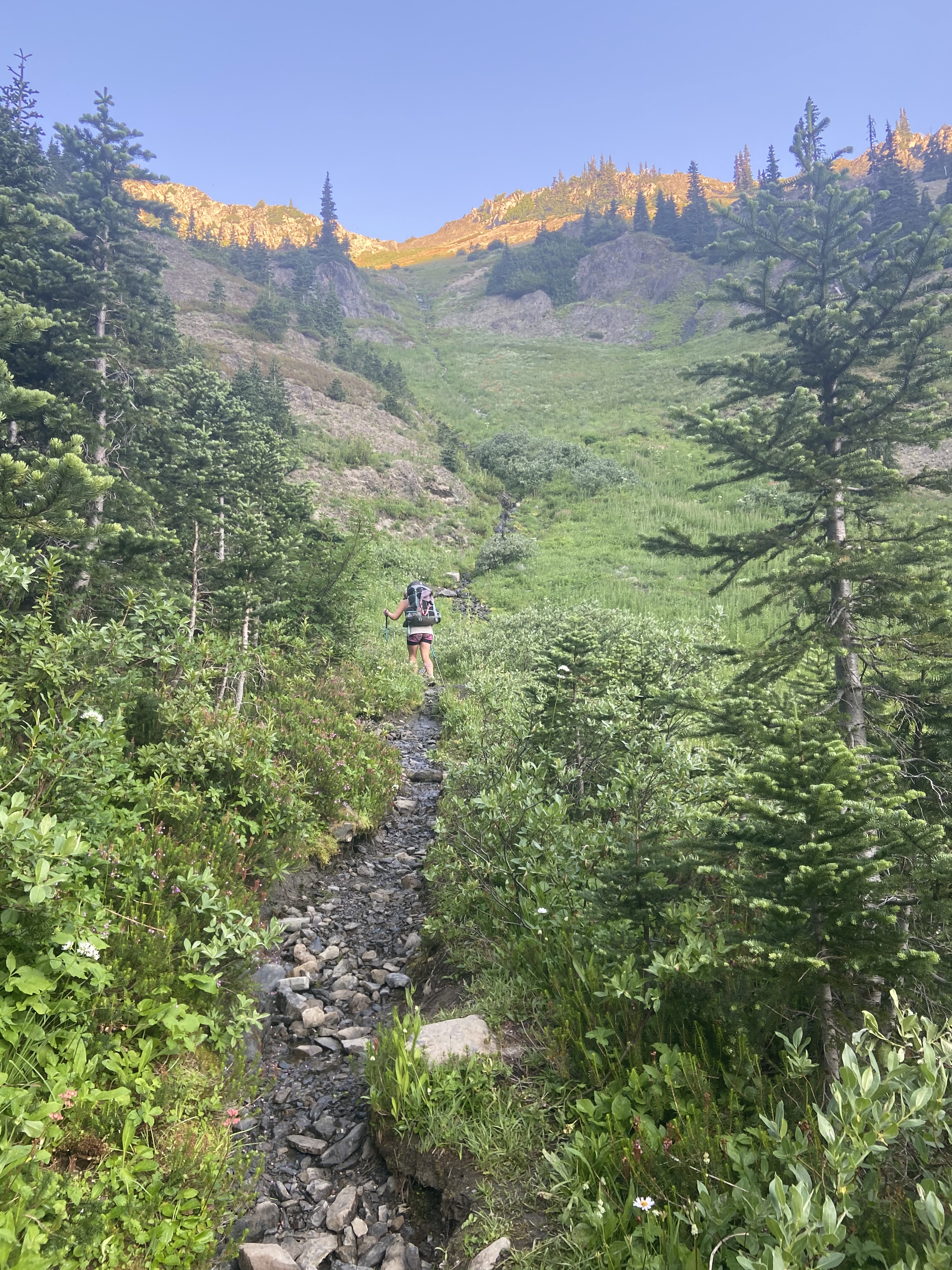 A backpacker climbing up the saddle of a mountain.