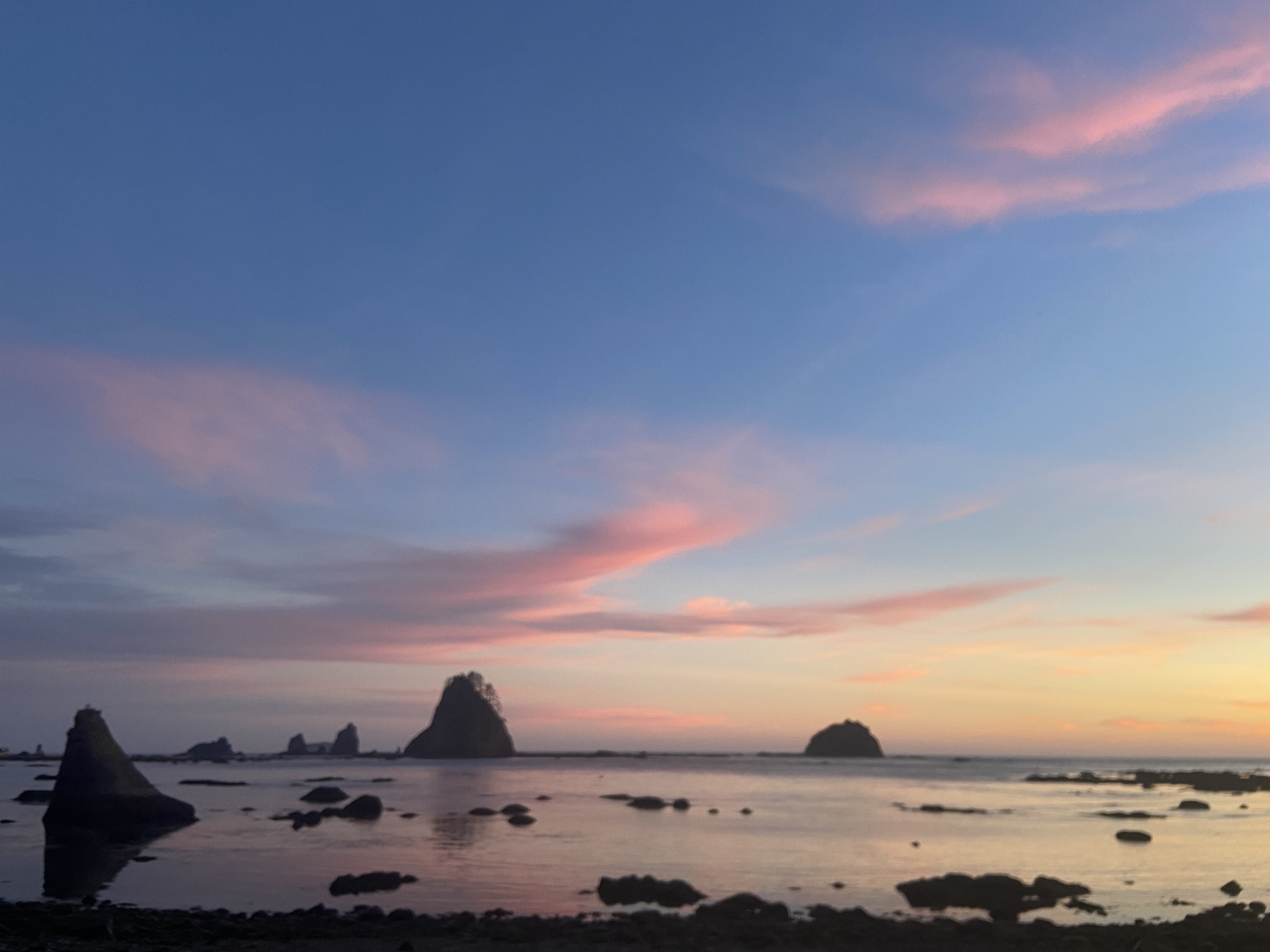 A blue and pink sunset over the ocean, with sea stacks in the foreground.