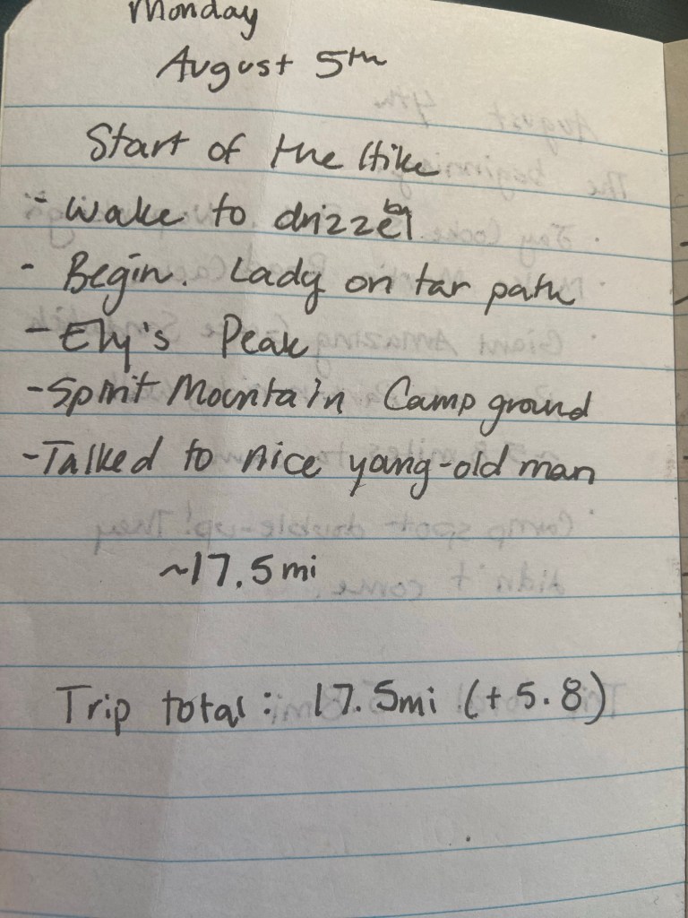 Monday August 5th. Start of the hike. Woke to drizzel. Begin. Lady on Tar Path. Ely's Peak. Spirit Mountain Campground. Talked to Nice young-old man. Trip total 17.5 miles (+5.8)