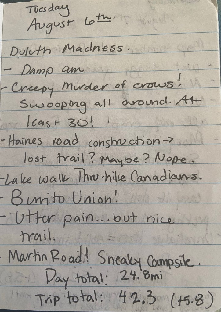 Tuesday August 6th. Duluth Madness. Damp am. Creepy murder of crows! Swooping all round. At least 30! Haines road construction - lost trail? Maybe? Nope. Lake walk thru-hike canadians. Burrito Union! Utter pain...but nice. Martin Road! Sneaky Campsite. Day total 24.8miles, trip total 42.3 miles.