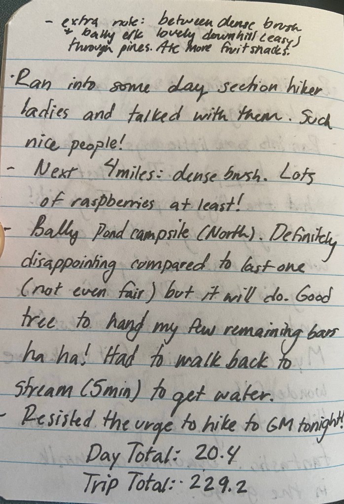 Ran into some day section hiker ladies and talked with them. Such nice people! Next 4 miles: dense brush. Lots of raspberries at least! Bally Pond Campsite (north). Definitely disappointing compared to the last one (not even fair) but it will do. Good tree to hang my few remaining bars ha ha! Had to walk back to the stream (5 mins) to get water. Resisted the urge to hike to GM tonight! Day total: 20.4, trip total 229.2 miles