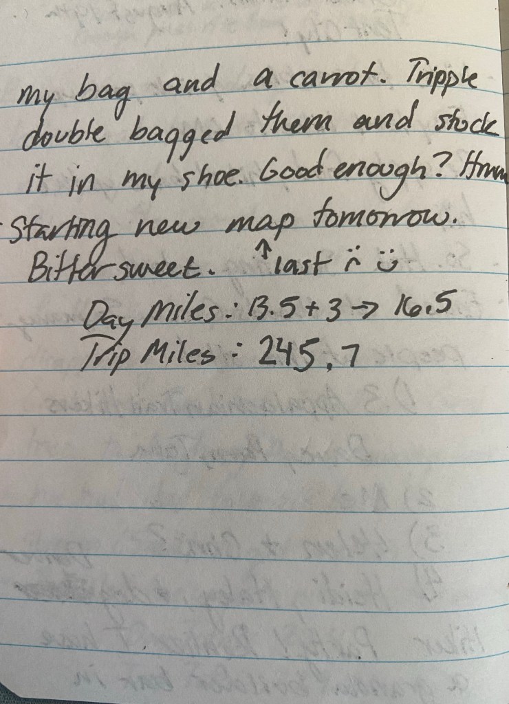 my bag and a carrot. Tripple doubled bagged them and stuck them in my shoe. Good enough? Hmm. Starting new map tomorrow (the last one). Bittersweet. Day miles 16.5, trip miles 245.7