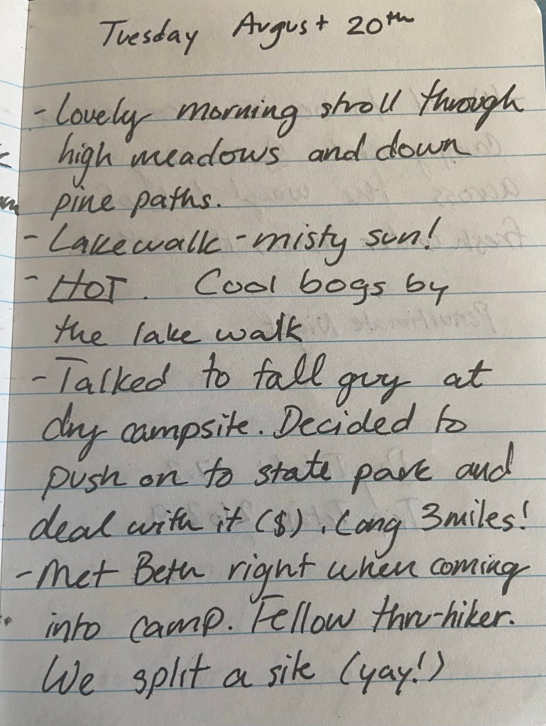 Tuesday August 20th. Lovely morning stroll through high meadows and down pine paths. Lake walk- misty sun. Hot! Cool bogs by the lakewalk. Talked to a tall guy at dry campsite. Decided to push on to the state park and deal with it ($). Long 3 miles! Met Beth right when coming into camp. Fellow thru-hiker. We split a site (yay)!