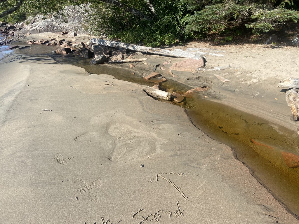 A small stream cutting through the sand on its way to Lake Superior. "Quick Sand" is written in the sand with a stick, pointing at a spot of quicksand.
